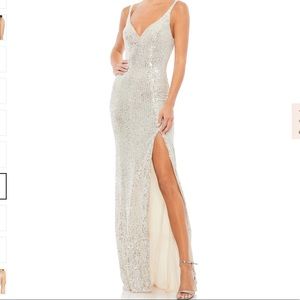 Ieena for Mac Douggal Fully Sequined Scoop Back Gown - Silver - 2